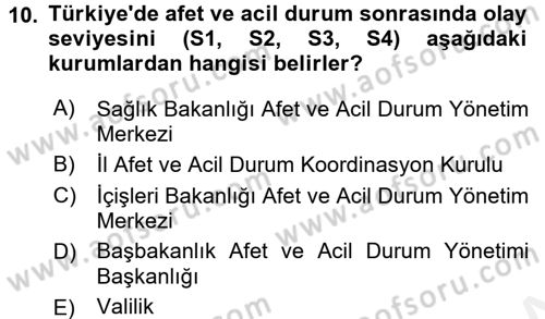 Afet Yönetimi 2 Dersi 2017 - 2018 Yılı (Vize) Ara Sınav Soruları 10. Soru