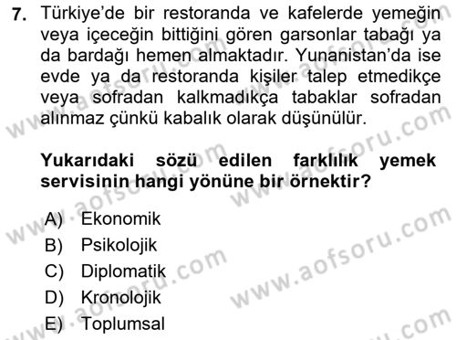 Yemek Sosyolojisi Dersi 2021 - 2022 Yılı Yaz Okulu Sınav Soruları 7. Soru