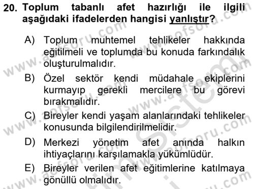 Afet Yönetimi 1 Dersi 2021 - 2022 Yılı (Vize) Ara Sınav Soruları 20. Soru