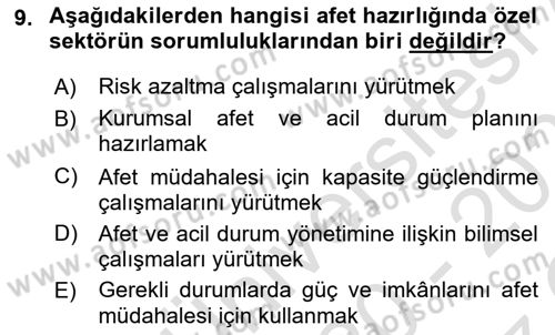 Afet Yönetimi 1 Dersi 2020 - 2021 Yılı Yaz Okulu Sınav Soruları 9. Soru