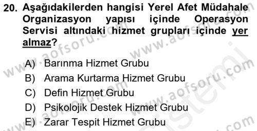 Afet Senaryosu ve Tatbikatlar Dersi 2018 - 2019 Yılı (Vize) Ara Sınav Soruları 20. Soru
