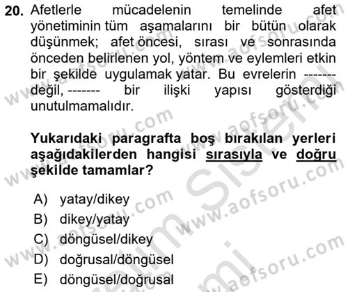 Afet Yönetimi 1 Dersi 2022 - 2023 Yılı (Final) Dönem Sonu Sınav Soruları 20. Soru