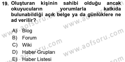 Büro Teknolojileri Dersi 2016 - 2017 Yılı (Vize) Ara Sınav Soruları 19. Soru