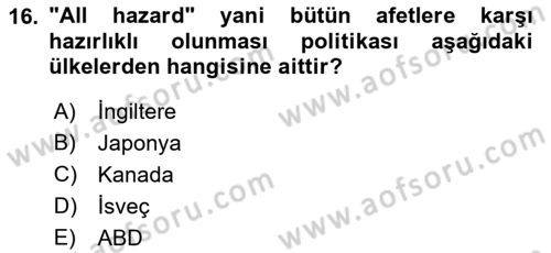 Afet Yönetimi 2 Dersi 2021 - 2022 Yılı Yaz Okulu Sınav Soruları 16. Soru