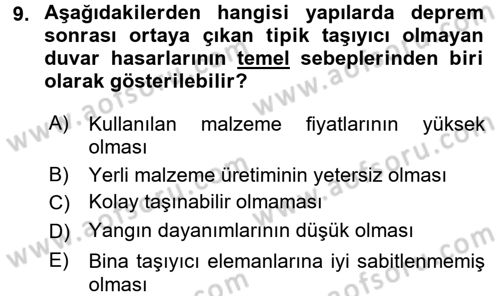 Kent, Planlama ve Afet Risk Yönetimi Dersi 2017 - 2018 Yılı (Final) Dönem Sonu Sınav Soruları 9. Soru