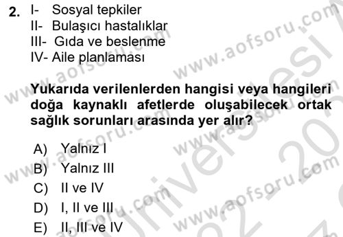 Afet Yönetiminde Sağlık Hizmetleri Dersi 2022 - 2023 Yılı Yaz Okulu Sınav Soruları 2. Soru