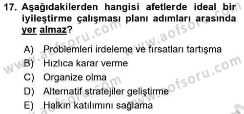 Afet Yönetimi 1 Dersi 2022 - 2023 Yılı (Final) Dönem Sonu Sınav Soruları 17. Soru
