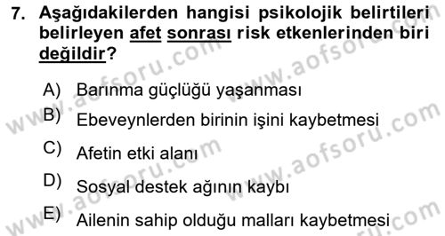Afet Psikolojisi ve Sosyolojisi Dersi 2021 - 2022 Yılı Yaz Okulu Sınav Soruları 7. Soru