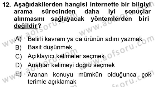 Büro Teknolojileri Dersi 2018 - 2019 Yılı (Vize) Ara Sınav Soruları 12. Soru