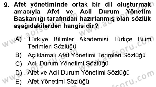 Afet Yönetimi 1 Dersi 2019 - 2020 Yılı (Vize) Ara Sınav Soruları 9. Soru