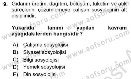 Yemek Sosyolojisi Dersi 2022 - 2023 Yılı Yaz Okulu Sınav Soruları 9. Soru