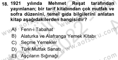 Türk Mutfak Kültürü Dersi 2022 - 2023 Yılı (Vize) Ara Sınav Soruları 18. Soru
