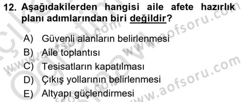 Afet Yönetimi 1 Dersi 2020 - 2021 Yılı Yaz Okulu Sınav Soruları 12. Soru