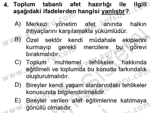 Afet Yönetimi 1 Dersi 2022 - 2023 Yılı (Final) Dönem Sonu Sınav Soruları 4. Soru