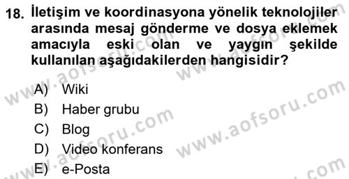Büro Teknolojileri Dersi 2018 - 2019 Yılı (Vize) Ara Sınav Soruları 18. Soru