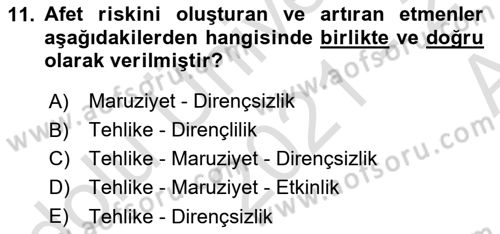Afet Yönetimi 1 Dersi 2021 - 2022 Yılı (Vize) Ara Sınav Soruları 11. Soru