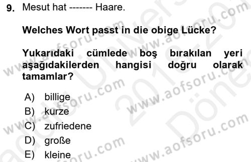 Almanca 1 Dersi 2018 - 2019 Yılı (Final) Dönem Sonu Sınav Soruları 9. Soru