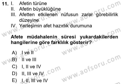 Afet Yönetimi 1 Dersi 2023 - 2024 Yılı Yaz Okulu Sınav Soruları 11. Soru