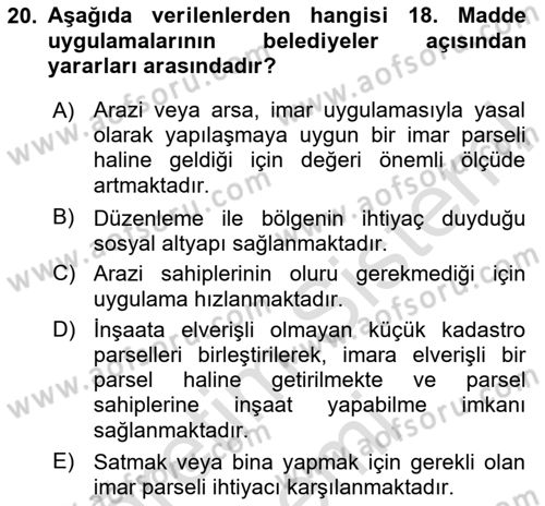 Kent, Planlama ve Afet Risk Yönetimi Dersi 2024 - 2025 Yılı (Vize) Ara Sınav Soruları 20. Soru