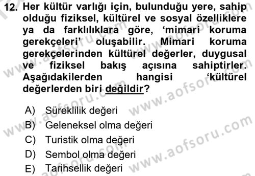 Arkeolojik Alan Yönetimi Dersi 2016 - 2017 Yılı (Final) Dönem Sonu Sınav Soruları 12. Soru