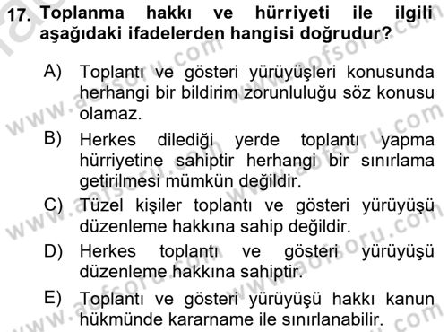 İnsan Hakları Ve Kamu Özgürlükleri Dersi 2019 - 2020 Yılı (Final) Dönem Sonu Sınav Soruları 17. Soru