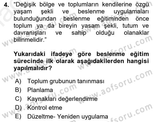 Beslenmenin Temel İlkeleri Dersi 2018 - 2019 Yılı (Final) Dönem Sonu Sınav Soruları 4. Soru