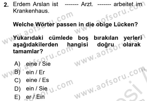 Almanca 1 Dersi 2024 - 2025 Yılı Yaz Okulu Sınav Soruları 2. Soru