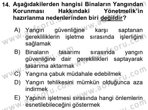 Yangın ve Yangın Güvenliği Dersi 2025 - 2026 Yılı (Vize) Ara Sınav Soruları 14. Soru