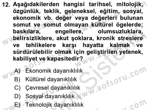 Sürdürülebilir Kentsel Dayanıklılık Dersi 2022 - 2023 Yılı Yaz Okulu Sınav Soruları 12. Soru