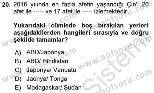 Afet Psikolojisi ve Sosyolojisi Dersi 2023 - 2024 Yılı (Final) Dönem Sonu Sınav Soruları 20. Soru