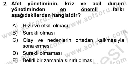 Afet Yönetimi 1 Dersi 2021 - 2022 Yılı Yaz Okulu Sınav Soruları 2. Soru