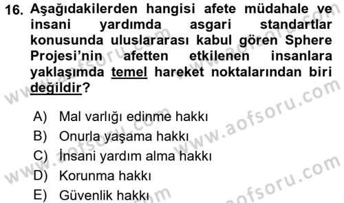 Afet Yönetimi 1 Dersi 2017 - 2018 Yılı (Final) Dönem Sonu Sınav Soruları 16. Soru