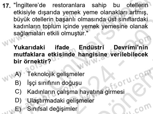 Gastronomi Tarihi Dersi 2024 - 2025 Yılı (Final) Dönem Sonu Sınav Soruları 17. Soru