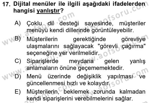Menü Yönetimi Dersi 2017 - 2018 Yılı (Vize) Ara Sınav Soruları 17. Soru