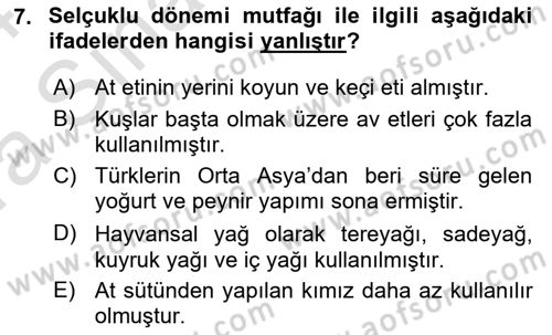 Türk Mutfak Kültürü Dersi 2023 - 2024 Yılı (Vize) Ara Sınav Soruları 7. Soru