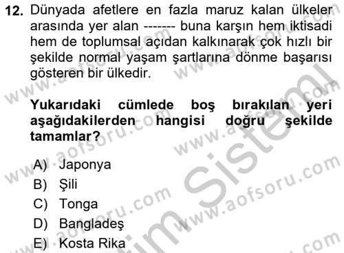 Afet Psikolojisi ve Sosyolojisi Dersi 2018 - 2019 Yılı Yaz Okulu Sınav Soruları 12. Soru