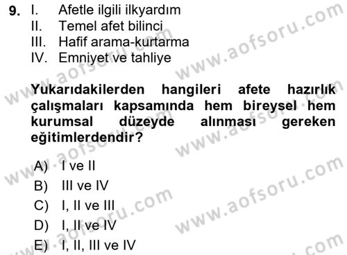 Afet Yönetimi 1 Dersi 2021 - 2022 Yılı Yaz Okulu Sınav Soruları 9. Soru