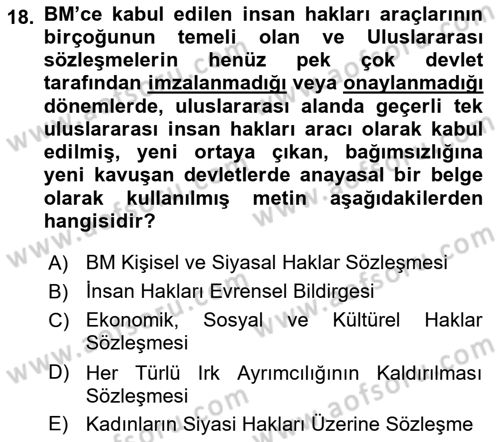 İnsan Hakları Ve Kamu Özgürlükleri Dersi 2021 - 2022 Yılı (Vize) Ara Sınav Soruları 18. Soru