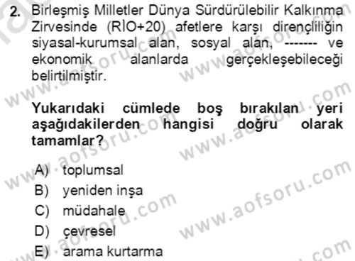 Afet Risk Azaltma Politikaları Dersi 2021 - 2022 Yılı (Vize) Ara Sınav Soruları 2. Soru