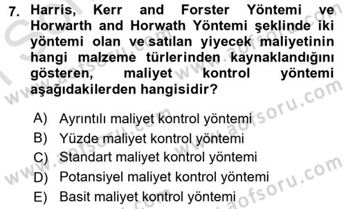 Yiyecek Ve İçecek İşletmeciliği Dersi 2022 - 2023 Yılı (Final) Dönem Sonu Sınav Soruları 7. Soru