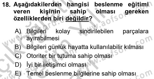Beslenmenin Temel İlkeleri Dersi 2018 - 2019 Yılı Yaz Okulu Sınav Soruları 18. Soru