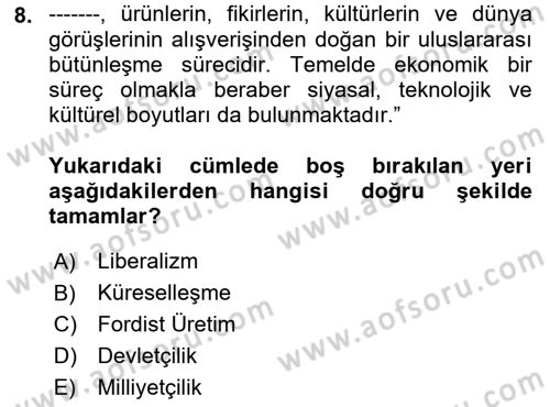 Kent, Planlama ve Afet Risk Yönetimi Dersi 2022 - 2023 Yılı (Vize) Ara Sınav Soruları 8. Soru