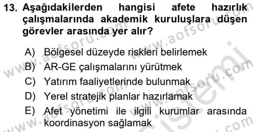 Afet Yönetimi 1 Dersi 2019 - 2020 Yılı (Vize) Ara Sınav Soruları 13. Soru
