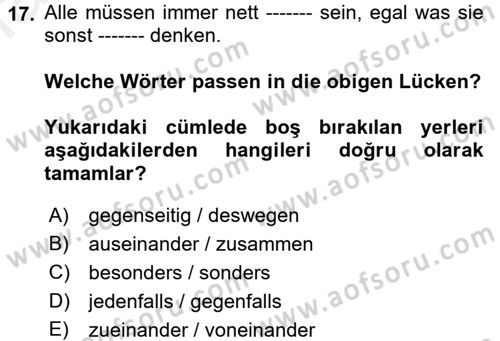 Almanca 2 Dersi 2017 - 2018 Yılı (Final) Dönem Sonu Sınav Soruları 17. Soru