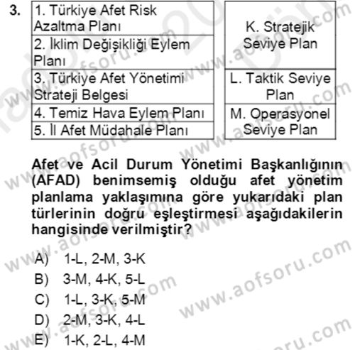 Acil Durum Ve Afet Yönetimi Planları Dersi 2018 - 2019 Yılı (Final) Dönem Sonu Sınav Soruları 3. Soru