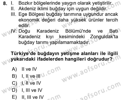 Gıda Coğrafyası Dersi 2017 - 2018 Yılı (Vize) Ara Sınav Soruları 8. Soru