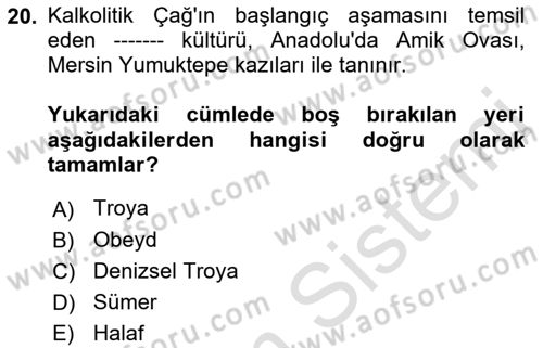 Anadolu Arkeolojisi Dersi 2019 - 2020 Yılı (Final) Dönem Sonu Sınav Soruları 20. Soru