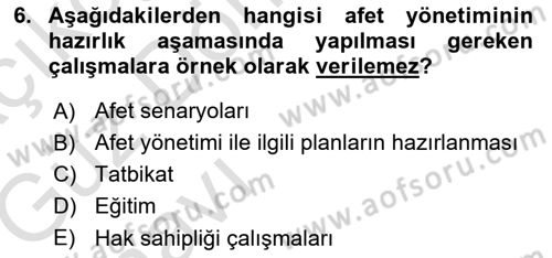 Afet Yönetimi 1 Dersi 2019 - 2020 Yılı (Vize) Ara Sınav Soruları 6. Soru