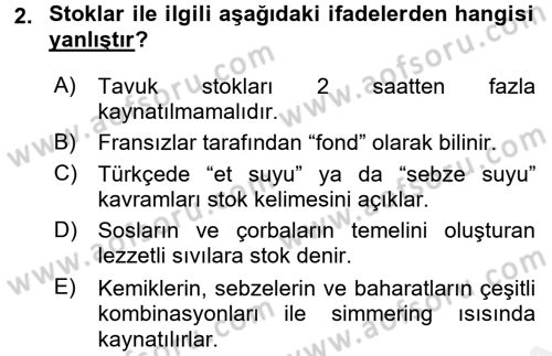 Temel Mutfak Teknikleri Dersi 2017 - 2018 Yılı 3 Ders Sınav Soruları 2. Soru