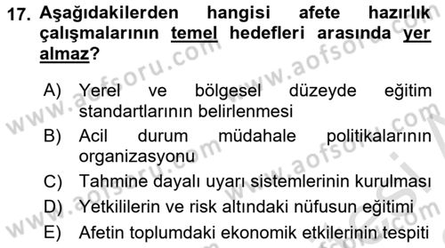 Afet Yönetimi 1 Dersi 2022 - 2023 Yılı (Vize) Ara Sınav Soruları 17. Soru